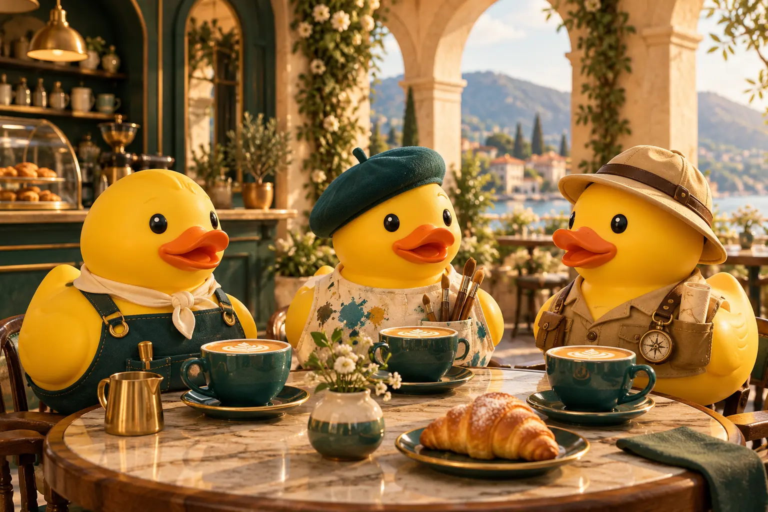 Rubber duck barista, painter and explorer wearing distinct character costumes