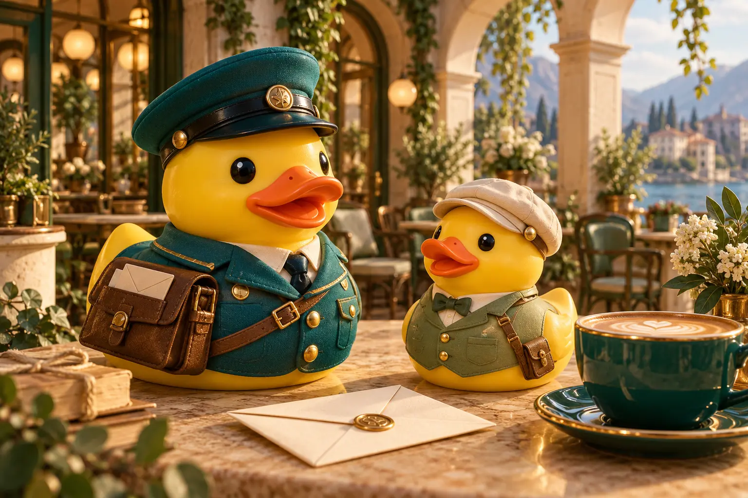 Two rubber duck postal characters in caps, jackets and messenger accessories