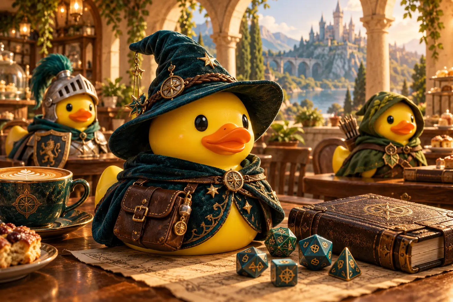 Rubber duck wizard wearing a pointed hat and cloak beside dice and an adventure journal