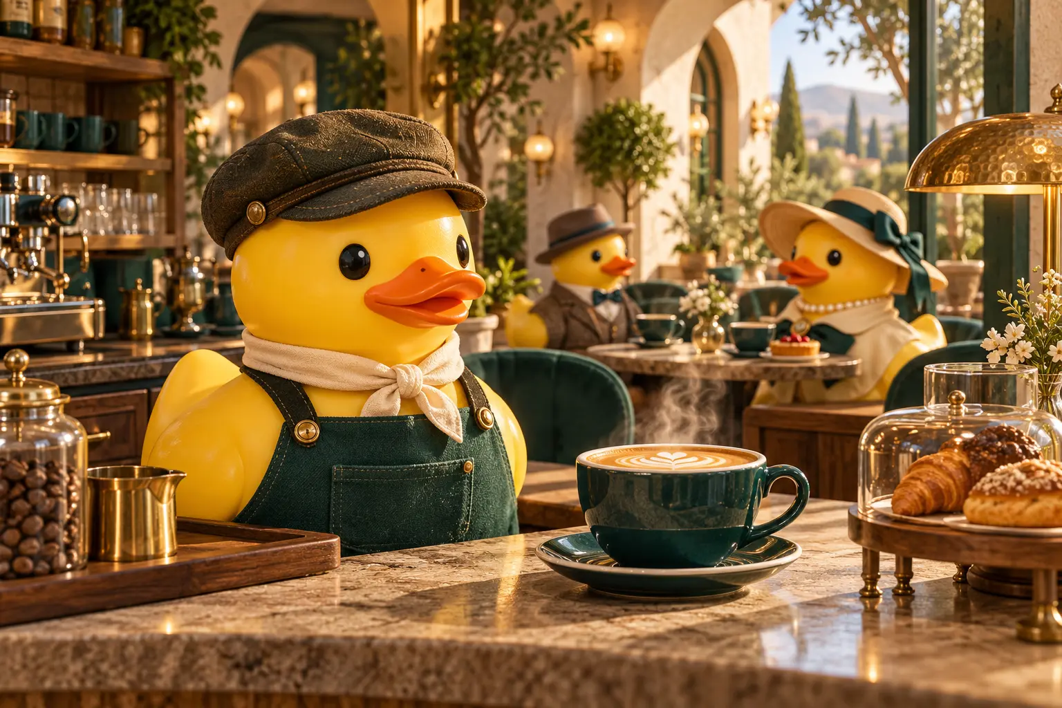 Rubber duck barista wearing an apron and neckerchief beside coffee